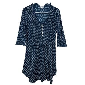 At Last Blue Moroccan Tile Print Tunic Dress Boho Coastal Grandmother Cottage 8